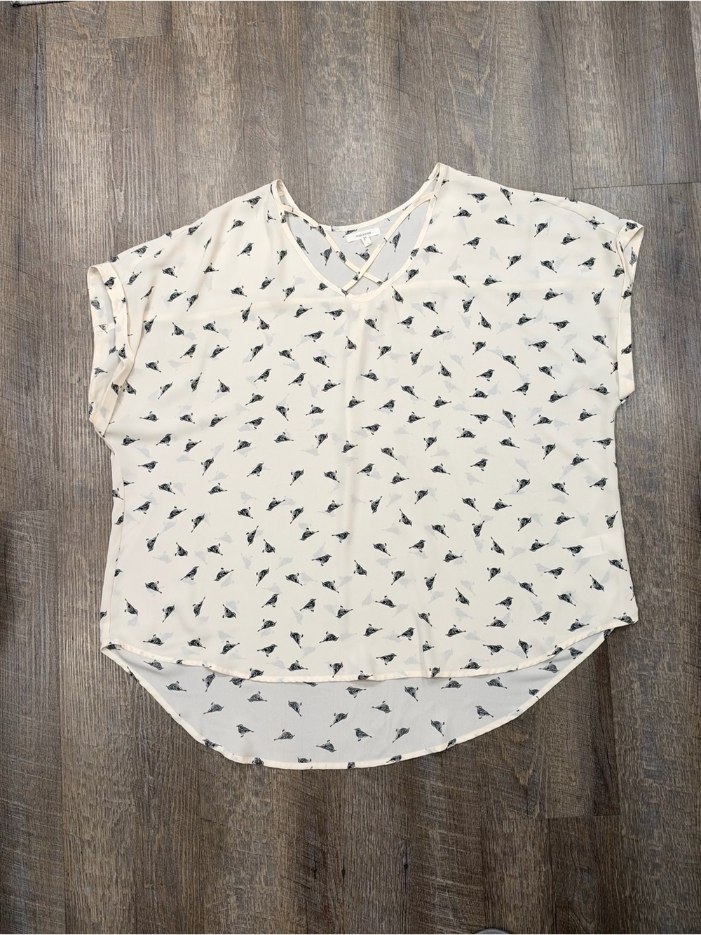 Plus size Light Cream V-Neck Short Sleeve Blouse with Bird Print